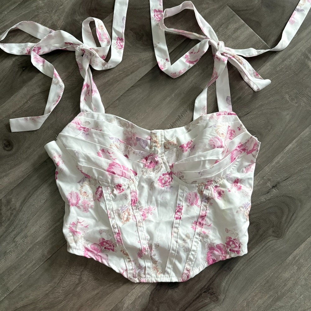 Adorable Floral Fairy Whimsical‎ Corset Bustier Tie Crop Smocked Pink White XS